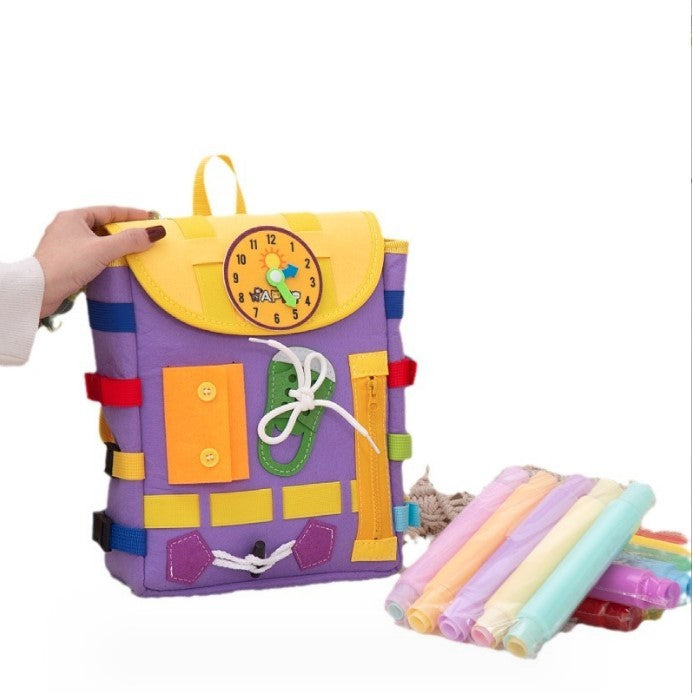 Ghiozdan Montessori, Vivimall, pentru Copii 2-6 ani, Fidget Pop, cu Catarame si Fermoare, Jucarii Senzoriale, Activitate de Invatare prin Joc, Mov, 0.25 kg, 28x10x23 cm - vivimall.ro