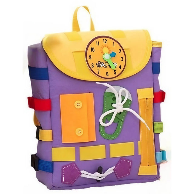 Ghiozdan Montessori, Vivimall, pentru Copii 2-6 ani, Fidget Pop, cu Catarame si Fermoare, Jucarii Senzoriale, Activitate de Invatare prin Joc, Mov, 0.25 kg, 28x10x23 cm - vivimall.ro