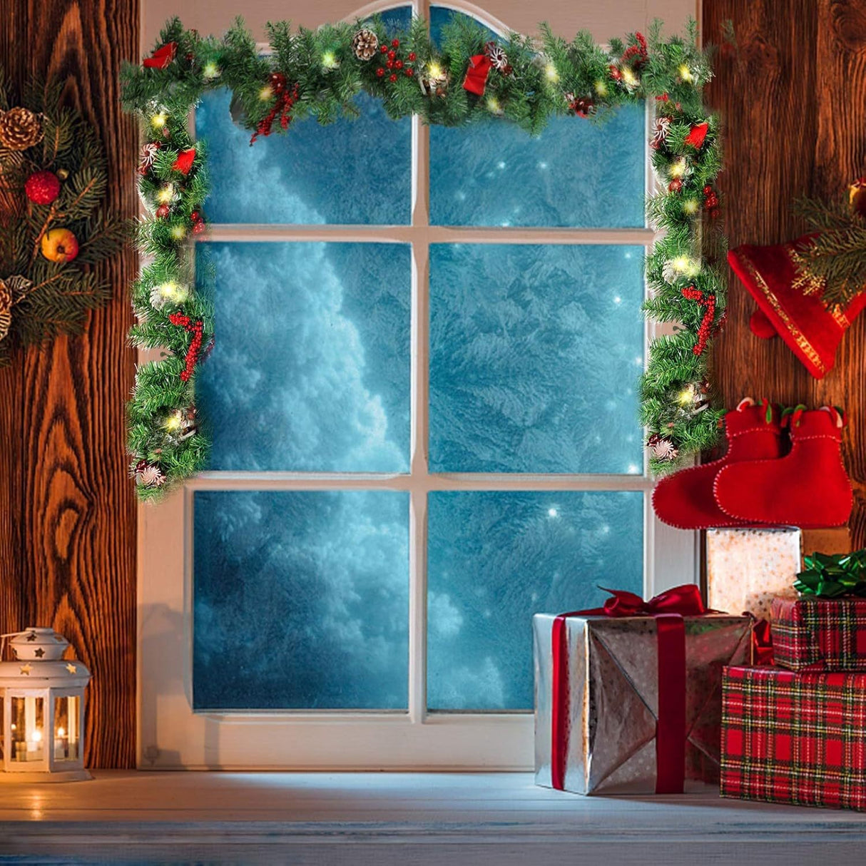 Ghirlanda de Craciun, Vivimall, din Brad Artificial cu Decoratiuni, cu Baterii, 50 LED-uri, 270 cm, Verde - vivimall.ro