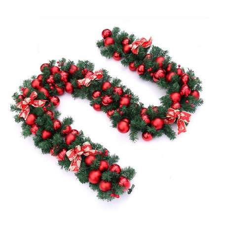 Ghirlanda decorativa Craciun cu Globuri rosii si funde rosii cu argintiu, Vivimall, 2,70 m, Verde - vivimall.ro