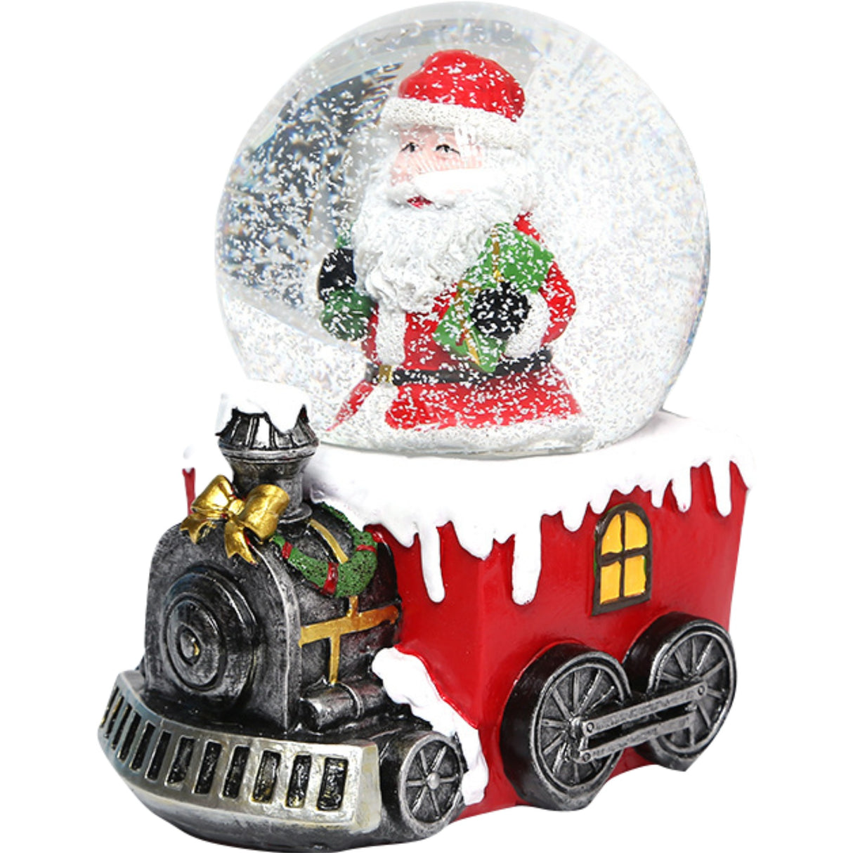 Decoratiune muzicala glob cu zapada, Mos Craciun pe tren, 10x13 cm, multicolor - vivimall.ro