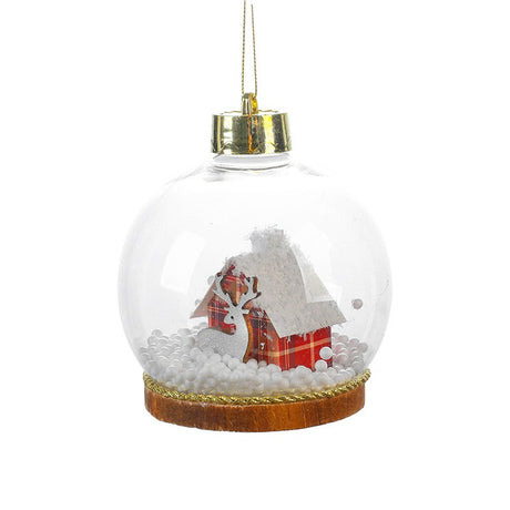 Glob de Crăciun LED transparent cu figurină căsuță și ren iluminat, diametru 10 cm, vedere frontală