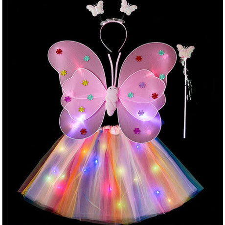 Costum Fluturas cu Aripi Modelabile Luminoase pentru Copii, Vivimall, Fusta din Tul cu Lumini, Bagheta si Bentita, 4 piese, Pentru Halloween, Roleplay, Craciun, Carnaval, Paste, Ziua Copilului, Bumbac/Poliester, Marime universala, Curcubeu - vivimall.ro