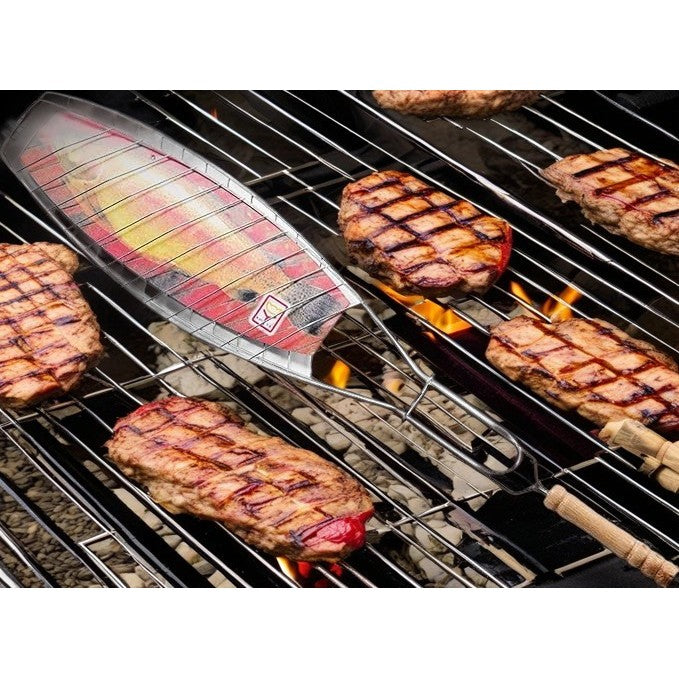 Gratar Grill Inox pentru Peste, Vivimall, cu Maner, de Dimensiuni Reduse, Usor de Transportat si Depozitat, Argintiu, 56x12 cm - vivimall.ro