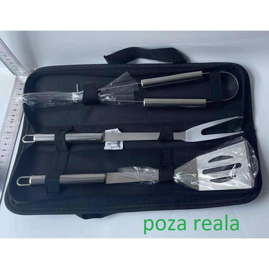 Set 3 Ustensile pentru Gratar, Vivimall, din Otel Inoxidabil, Geanta Oxford, Argintiu - vivimall.ro