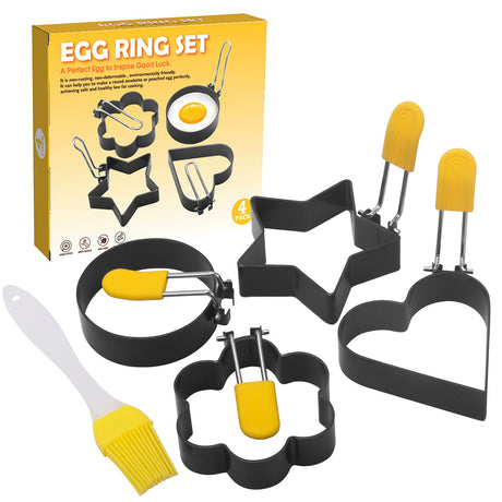 Set 4 Forme Pentru Ou Din Otel, Strat Antiaderent, Diametru 7.5 Cm, Cu Maner Din Abs, Negru - vivimall.ro