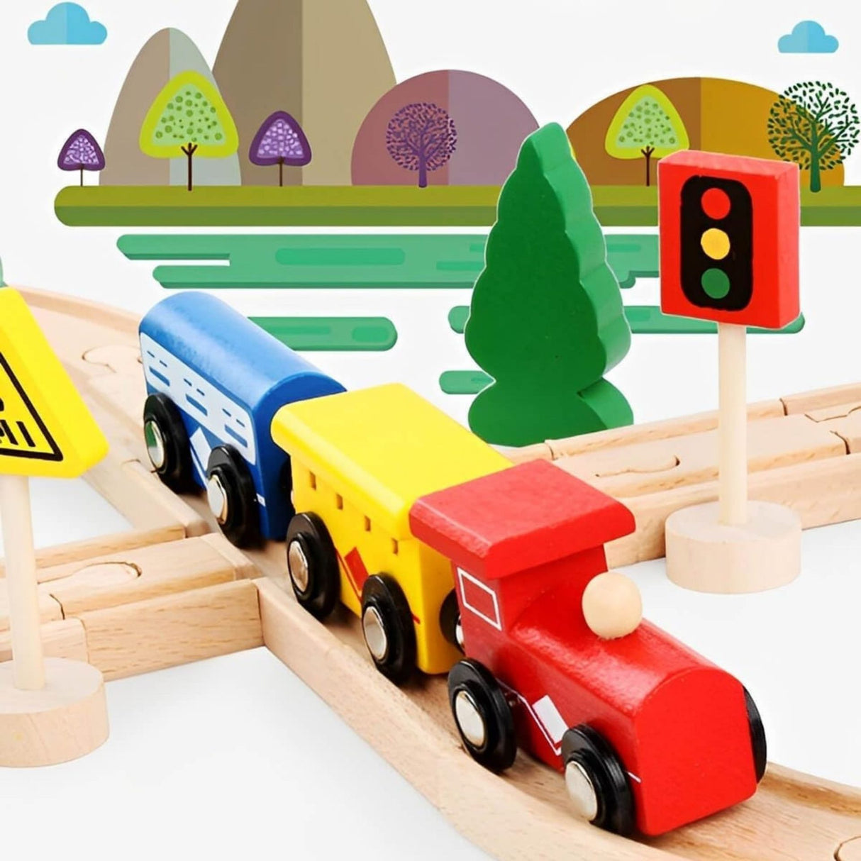 Set Circuit Trenulet din Lemn, Flippy, 33 Piese, Trenulet Magnetic, Jucarie Educativa Montessori, Masini de Interventie si Accesorii Urbane, 3 ani+, Multicolor - vivimall.ro