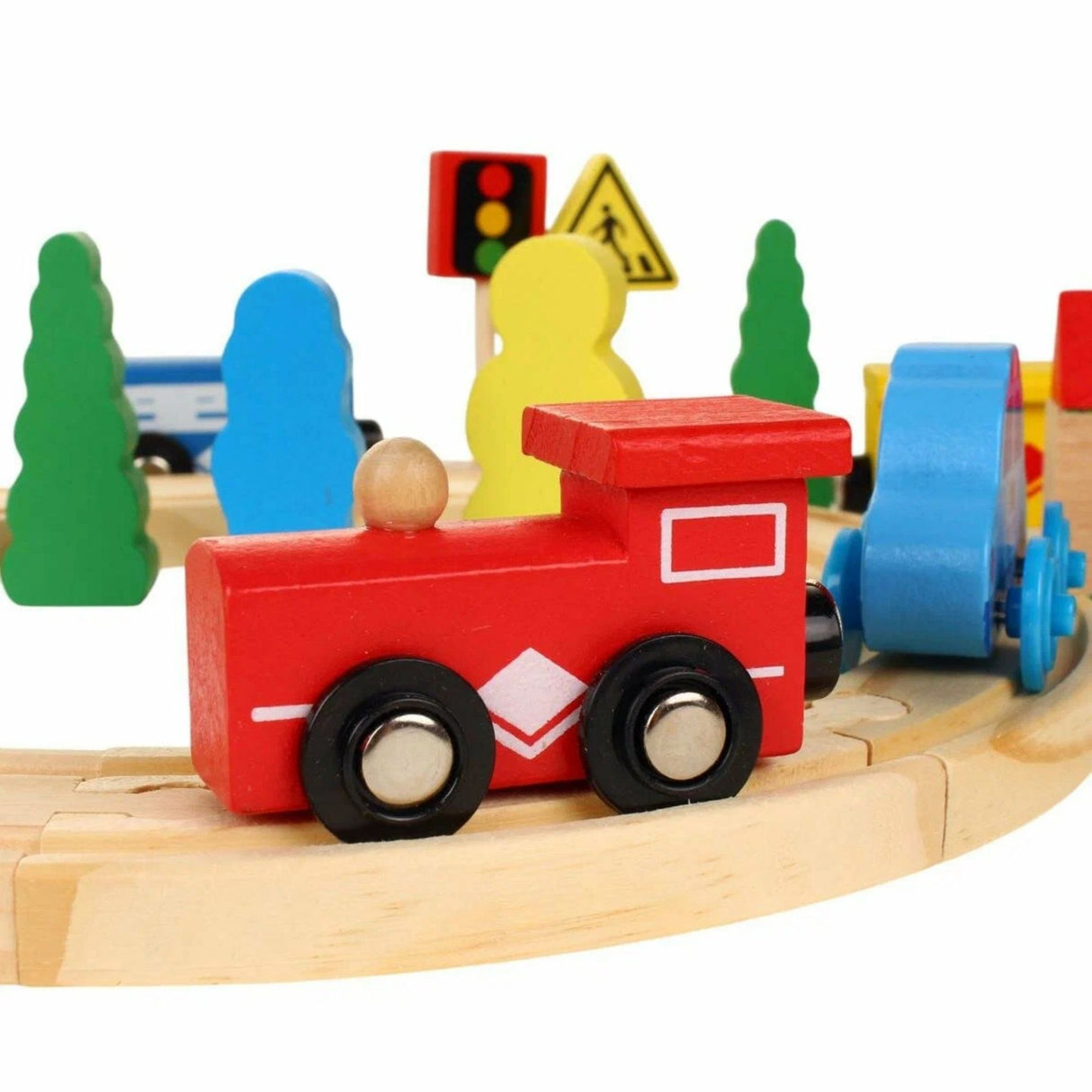 Set Circuit Trenulet din Lemn, Flippy, 33 Piese, Trenulet Magnetic, Jucarie Educativa Montessori, Masini de Interventie si Accesorii Urbane, 3 ani+, Multicolor - vivimall.ro