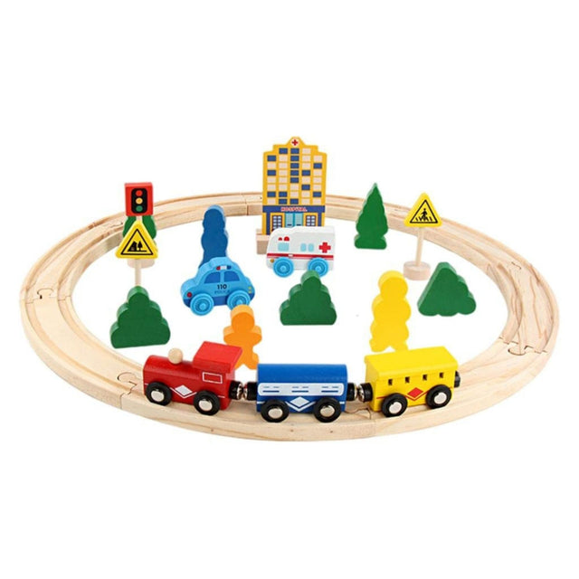 Set circuit trenuleț din lemn Flippy, 26 piese, locomotivă electrică și accesorii oraș, vedere de ansamblu