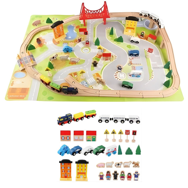 Set Circuit Trenulet din Lemn, Flippy, 75 Piese, Locomotiva Electrica ,Covoras de Joaca Inclus, Jucarie Educativa Montessori, Figurine Animale si Personaje, 3 ani+, Multicolor - vivimall.ro