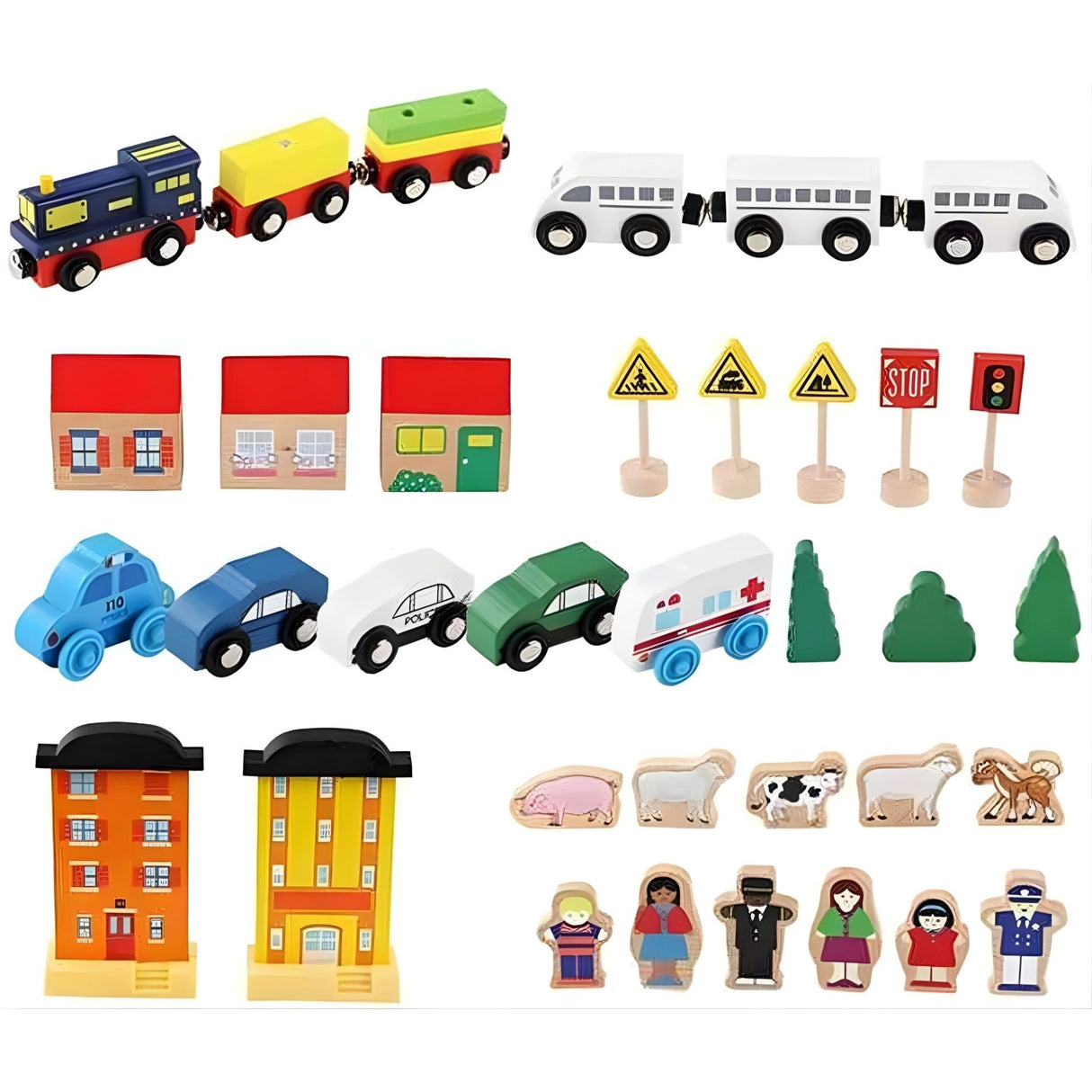 Set Circuit Trenulet din Lemn, Flippy, 75 Piese, Locomotiva Electrica ,Covoras de Joaca Inclus, Jucarie Educativa Montessori, Figurine Animale si Personaje, 3 ani+, Multicolor - vivimall.ro