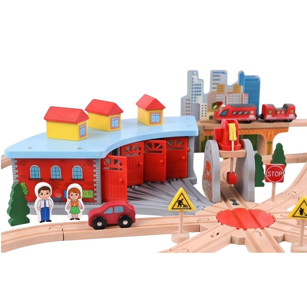 Mega Set Circuit Trenulet din Lemn, Flippy, 118 Piese, Locomotiva Electrica, Jucarie Educativa Montessori, Depou Central cu Placa Turnanta, Pod Suspendat, Macarale si Accesorii Oras, 3 ani+, Multicolor - vivimall.ro