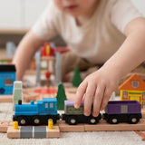Mega Set Circuit Trenulet din Lemn, Flippy, 118 Piese, Locomotiva Electrica, Jucarie Educativa Montessori, Depou Central cu Placa Turnanta, Pod Suspendat, Macarale si Accesorii Oras, 3 ani+, Multicolor - vivimall.ro