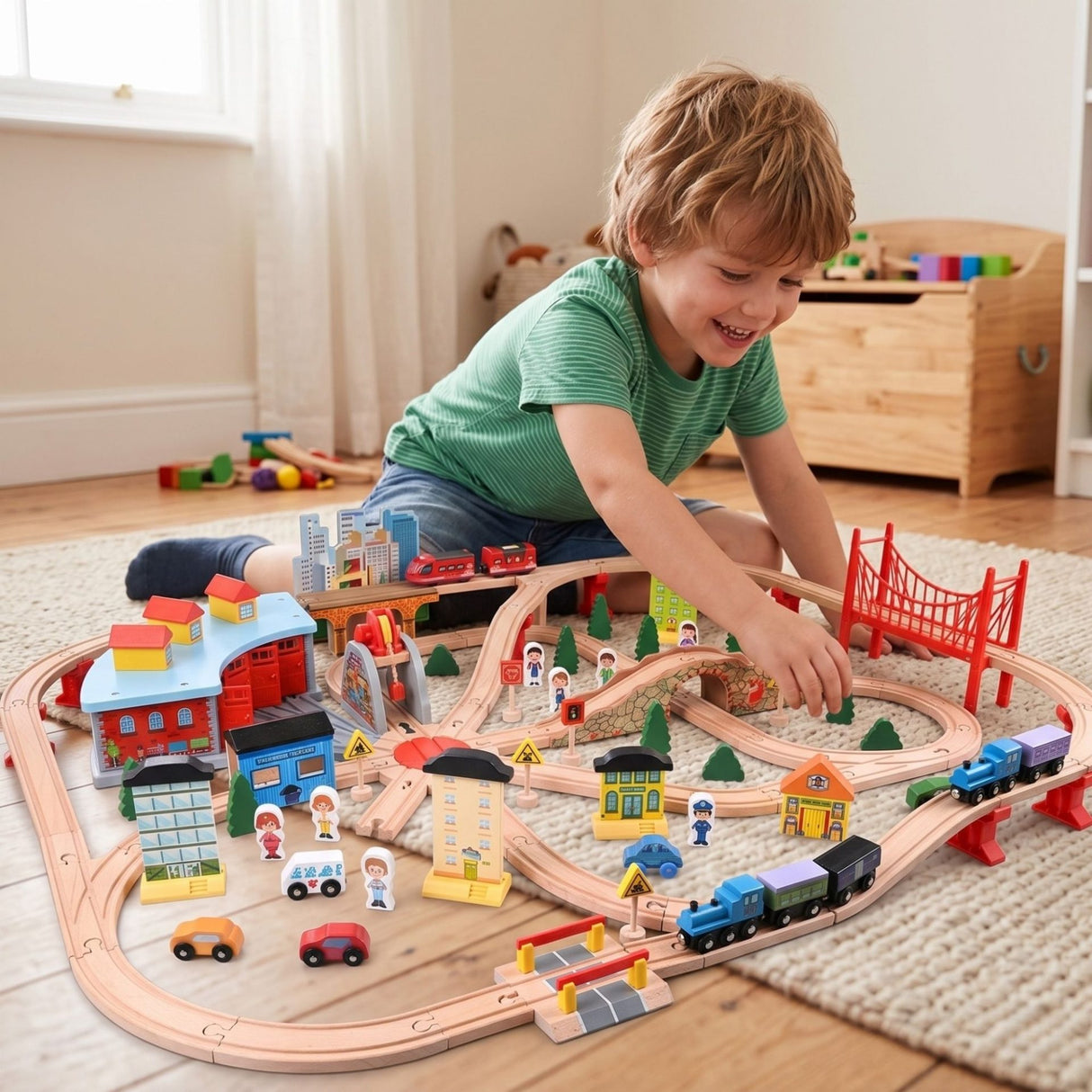Mega Set Circuit Trenulet din Lemn, Flippy, 118 Piese, Locomotiva Electrica, Jucarie Educativa Montessori, Depou Central cu Placa Turnanta, Pod Suspendat, Macarale si Accesorii Oras, 3 ani+, Multicolor - vivimall.ro