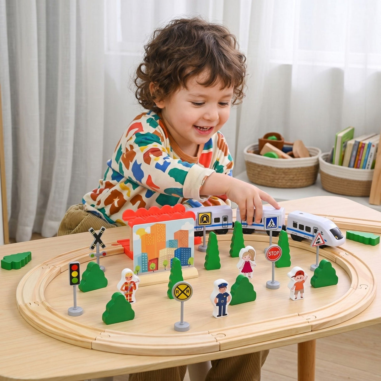 Set Circuit Trenulet din Lemn, Flippy, Locomotiva Electrica cu Sine de Lemn, 35 Piese, Jucarie Educativa Montessori, Accesorii Oras si Figurine Personaje, 3 ani+, Multicolor - vivimall.ro
