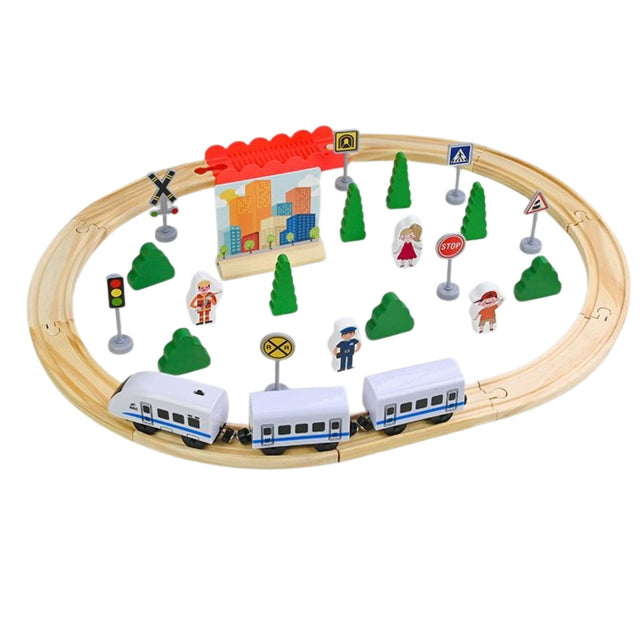 Set Circuit Trenulet din Lemn, Flippy, Locomotiva Electrica cu Sine de Lemn, 35 Piese, Jucarie Educativa Montessori, Accesorii Oras si Figurine Personaje, 3 ani+, Multicolor - vivimall.ro