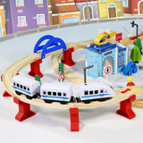 Mega Set Circuit Trenulet din Lemn, Flippy, Locomotiva Electrica cu Sine de Lemn, 96 Piese, Jucarie Educativa Montessori, Circuit Feroviar cu Pod, Sectie de Politie si Helicopter, 3 ani+, Multicolor - vivimall.ro