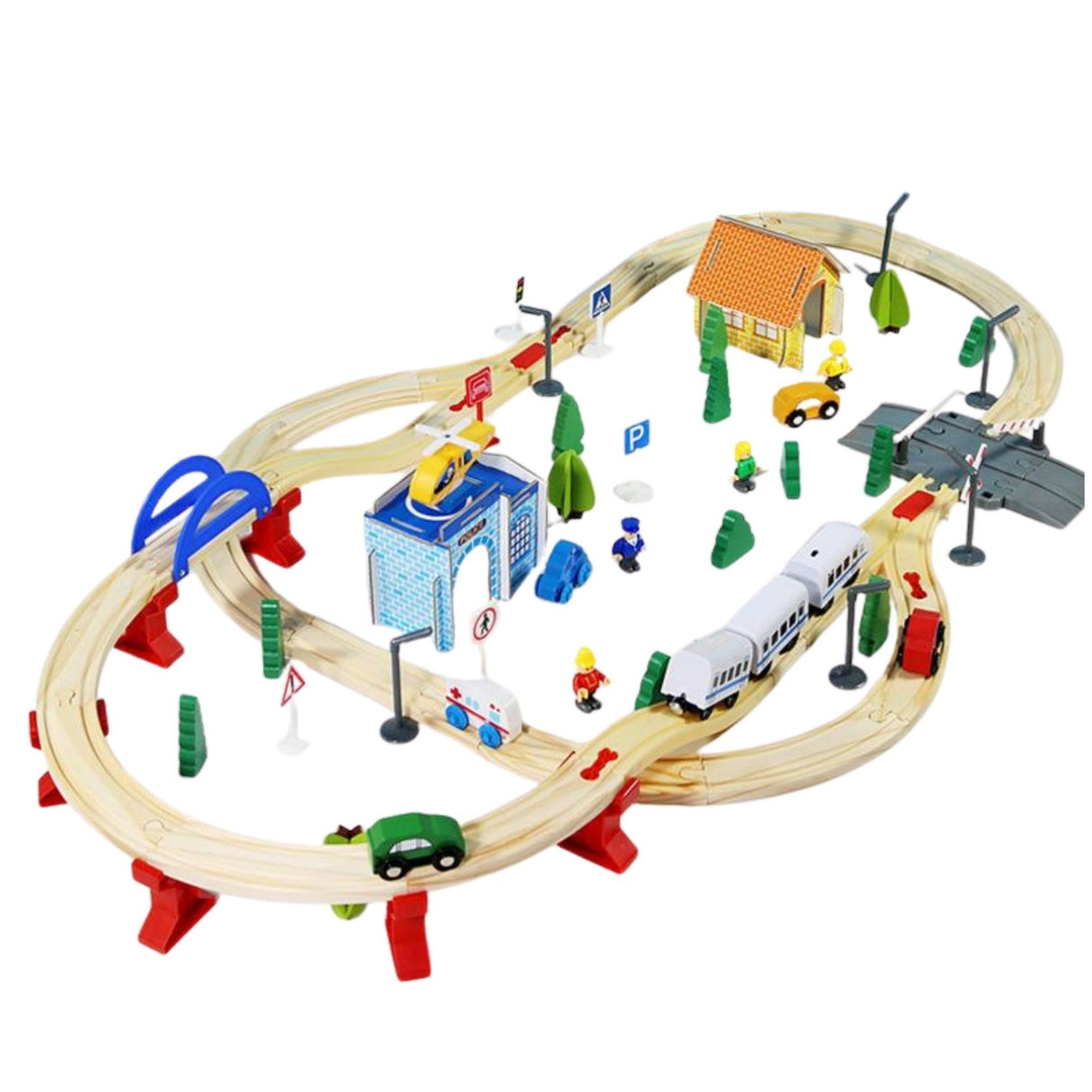 Mega Set Circuit Trenulet din Lemn, Flippy, Locomotiva Electrica cu Sine de Lemn, 96 Piese, Jucarie Educativa Montessori, Circuit Feroviar cu Pod, Sectie de Politie si Helicopter, 3 ani+, Multicolor - vivimall.ro