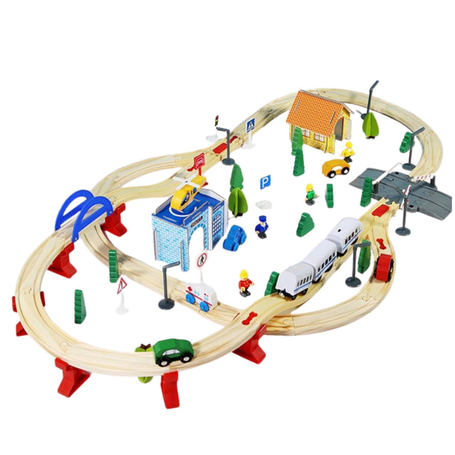 Mega Set Circuit Trenulet din Lemn, Flippy, Locomotiva Electrica cu Sine de Lemn, 96 Piese, Jucarie Educativa Montessori, Circuit Feroviar cu Pod, Sectie de Politie si Helicopter, 3 ani+, Multicolor - vivimall.ro