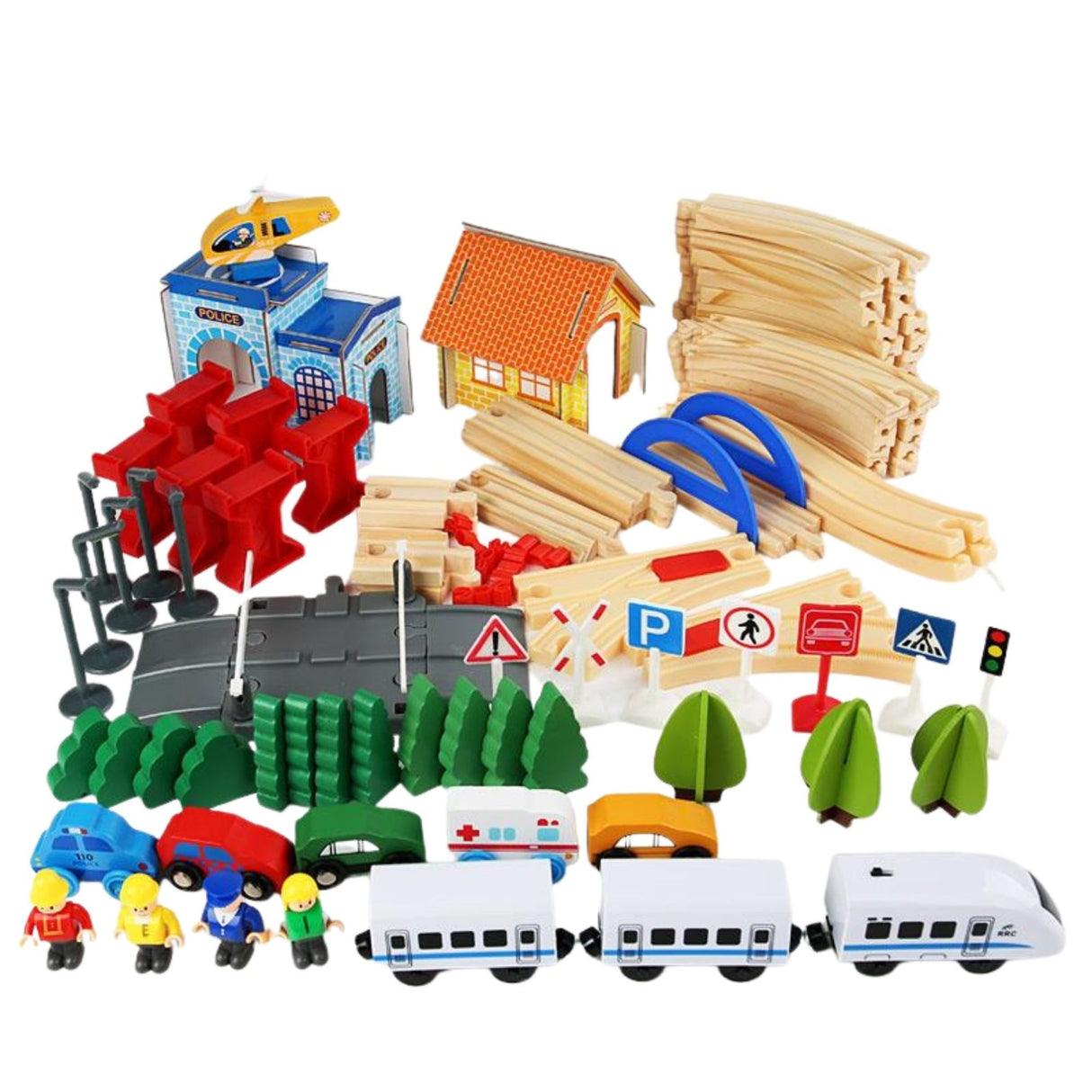 Mega Set Circuit Trenulet din Lemn, Flippy, Locomotiva Electrica cu Sine de Lemn, 96 Piese, Jucarie Educativa Montessori, Circuit Feroviar cu Pod, Sectie de Politie si Helicopter, 3 ani+, Multicolor - vivimall.ro