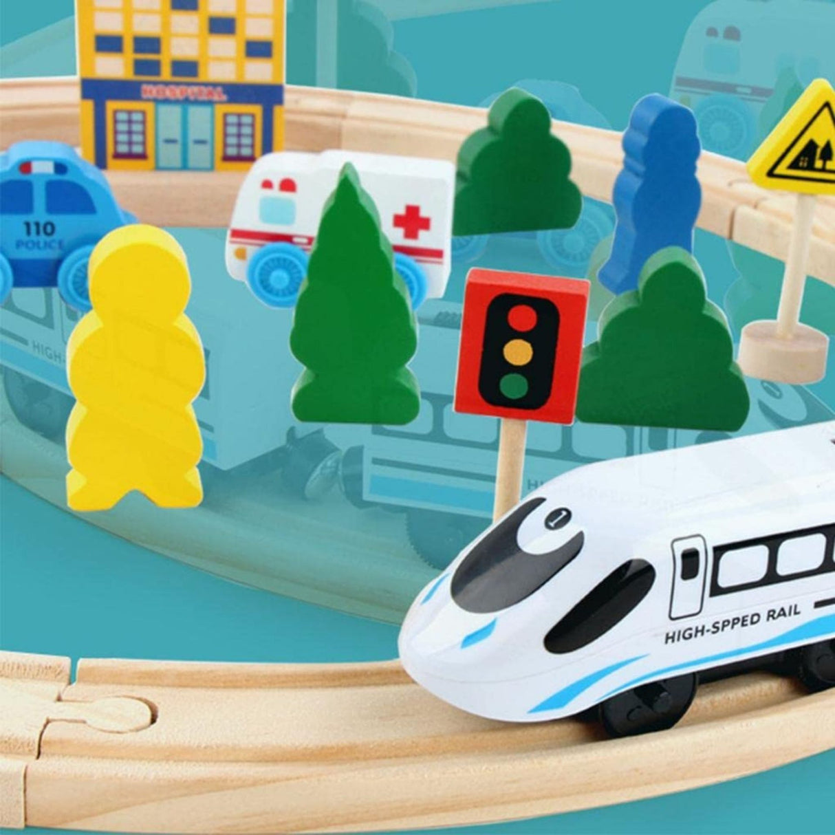Set Circuit Trenulet din Lemn, Flippy, Locomotiva Electrica cu Sine de Lemn, 26 Piese, Jucarie Educativa Montessori, Tren de Mare Viteza, Masini de Interventie si Accesorii Oras, 3 ani+, Multicolor - vivimall.ro