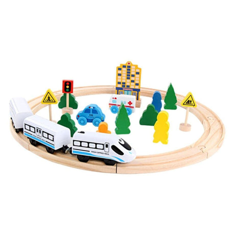 Set circuit trenulet din lemn Flippy, 26 piese, locomotivă electrică și vagoane magnetice, vedere de ansamblu