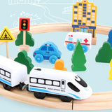 Set Circuit Trenulet din Lemn, Flippy, Locomotiva Electrica cu Sine de Lemn, 26 Piese, Jucarie Educativa Montessori, Tren de Mare Viteza, Masini de Interventie si Accesorii Oras, 3 ani+, Multicolor - vivimall.ro