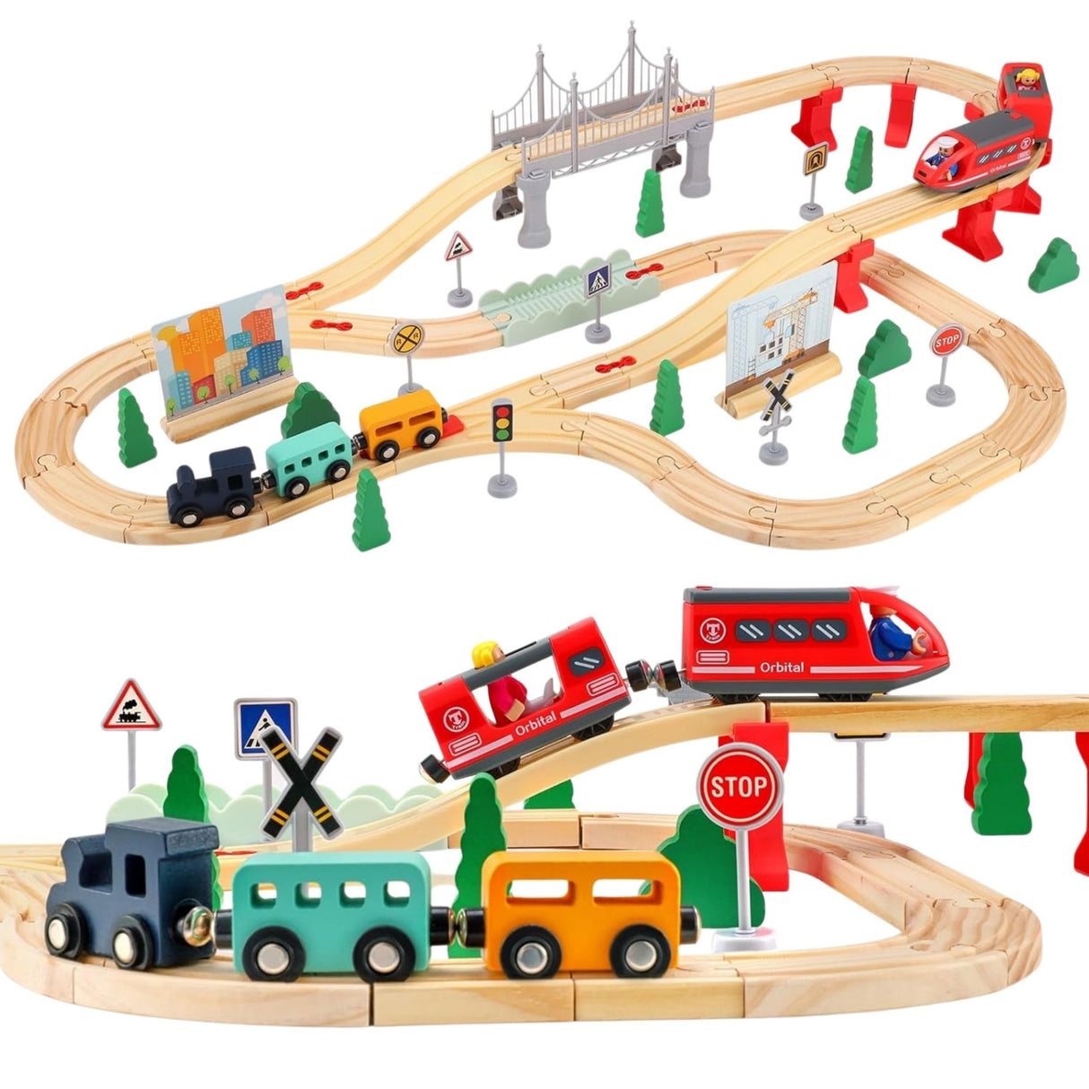 Set Circuit Trenulet din Lemn, Flippy, Locomotiva Electrica cu Sine de Lemn, 72 Piese, Jucarie Educativa Montessori, Circuit Feroviar cu Pod, Accesorii Oras si Santier, 3 ani+, Multicolor - vivimall.ro