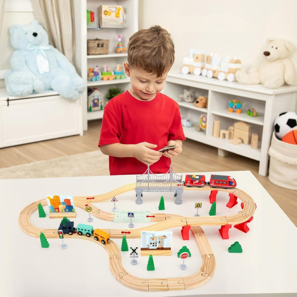 Set Circuit Trenulet din Lemn, Flippy, Locomotiva Electrica cu Sine de Lemn, 72 Piese, Jucarie Educativa Montessori, Circuit Feroviar cu Pod, Accesorii Oras si Santier, 3 ani+, Multicolor - vivimall.ro