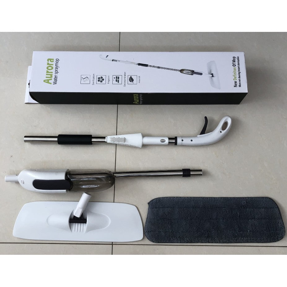 Mop plat, Vivimall, cu pulverizator, pentru uz casnic, plastic, rezerva de mop din microfibra, 125x40 cm, Alb/Negru - vivimall.ro