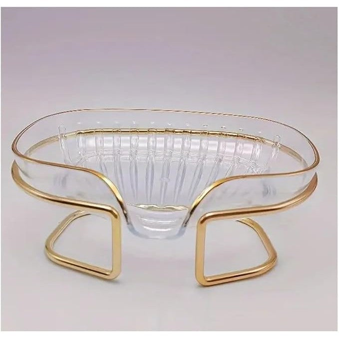 Savoniera cu Suport, Vivimall, Sistem de Scurgere a Apei, Margine Aurie, 14 x 8.5 x 9 cm, din TPE, Transparent - vivimall.ro