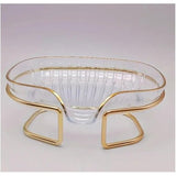 Savoniera cu Suport, Vivimall, Sistem de Scurgere a Apei, Margine Aurie, 14 x 8.5 x 9 cm, din TPE, Transparent - vivimall.ro