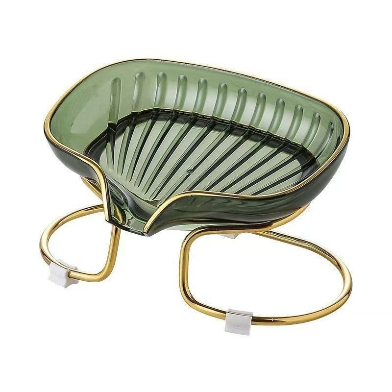 Savoniera cu Suport, Vivimall, Sistem de Scurgere a Apei, Margine Aurie, 14 x 8.5 x 9 cm, din TPE, Verde - vivimall.ro