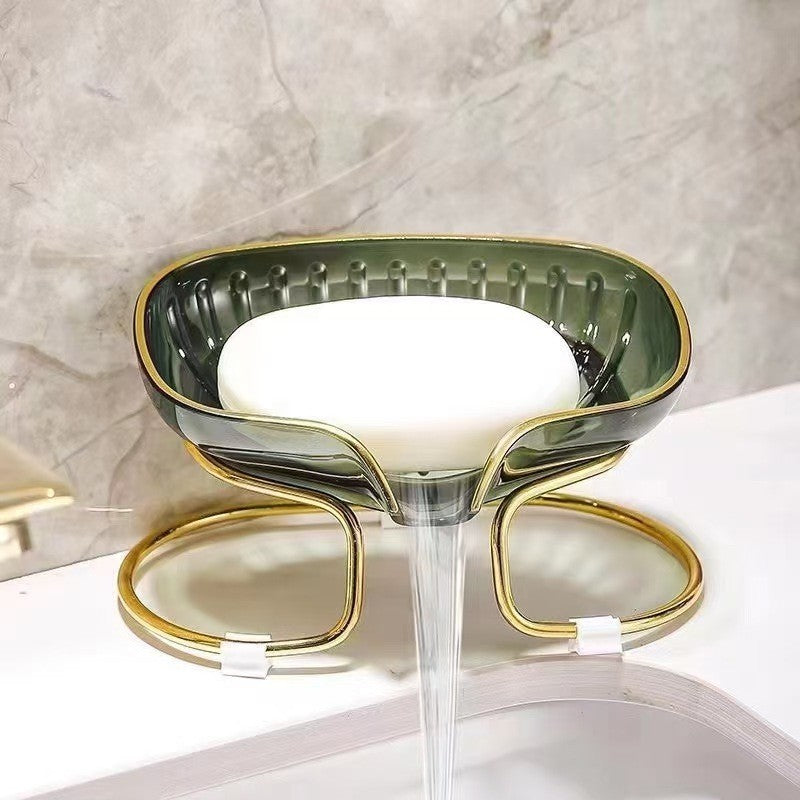 Savoniera cu Suport, Vivimall, Sistem de Scurgere a Apei, Margine Aurie, 14 x 8.5 x 9 cm, din TPE, Verde - vivimall.ro