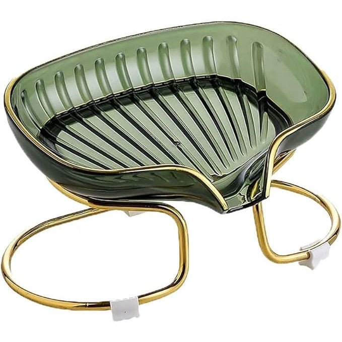 Savoniera cu Suport, Vivimall, Sistem de Scurgere a Apei, Margine Aurie, 14 x 8.5 x 9 cm, din TPE, Verde - vivimall.ro