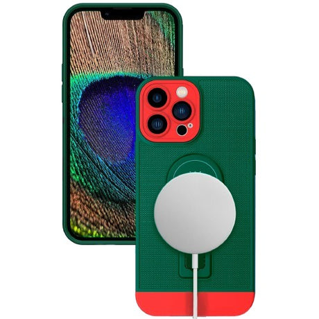 Husa Armor Design, Flippy, pentru Apple iPhone 12, cu Stand, Suport Auto Magnetic, Wireless Charge, Verde/Rosu - vivimall.ro