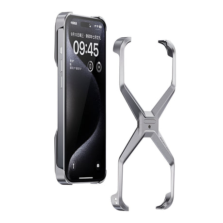 Husă Armor X pentru iPhone 15 Pro Max, aliaj aluminiu, gri metalizat, vedere frontală