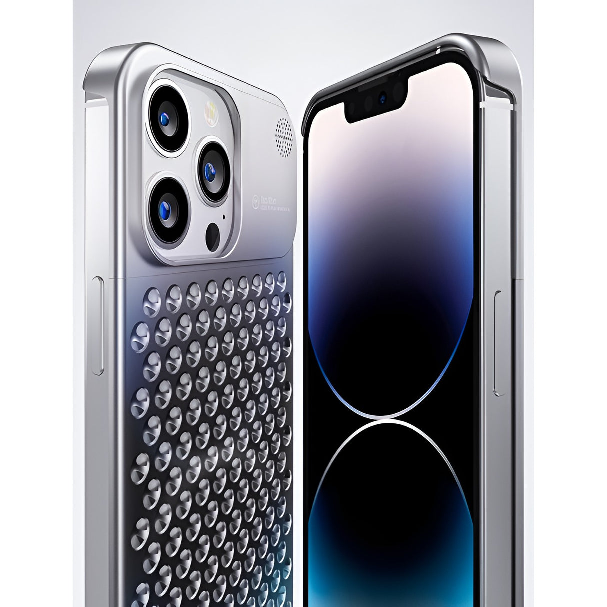 Husa Aromaterapia Compatibila cu iPhone 15 Pro, Vivimall, Antisoc, Antizgariere, Protectie Camera si Supraincalzire, din Aliaj de Aluminiu, Argintiu - vivimall.ro