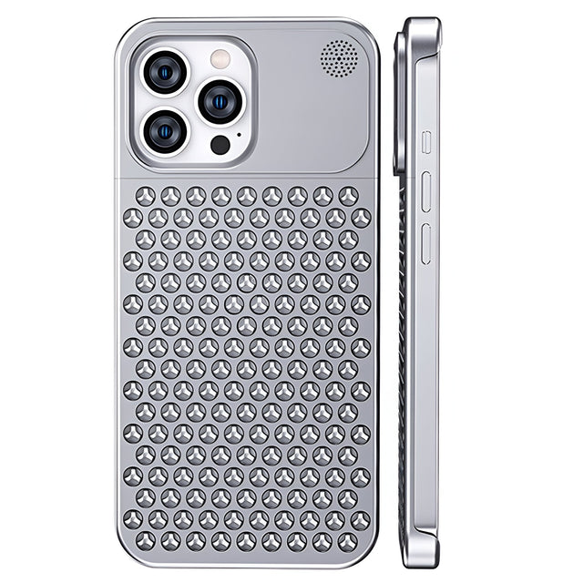 Husa Aromaterapia Compatibila cu iPhone 15 Pro, Vivimall, Antisoc, Antizgariere, Protectie Camera si Supraincalzire, din Aliaj de Aluminiu, Argintiu - vivimall.ro