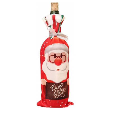 Husă Crăciun pentru sticlă de vin cu model Moș Crăciun, material textil multicolor, 34 cm, vedere frontală