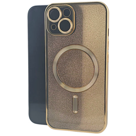 Husă iPhone 14 Plus 2 în 1 compatibilă MagSafe din TPU auriu cu glitter, vedere frontală