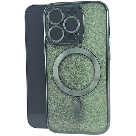 Husă 2 în 1 iPhone 14 Pro Max verde cu efect glitter, compatibilă MagSafe, vedere frontală