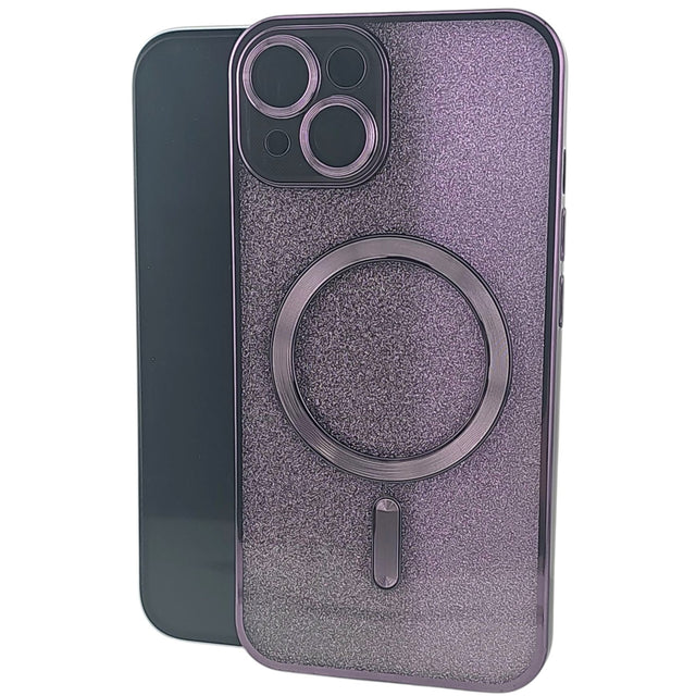 Husă iPhone 15 MagSafe 2 în 1 mov cu efect glitter și protecție lentilă, vedere frontală