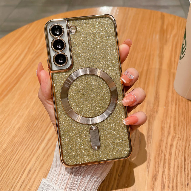 Husă Samsung Galaxy S23 FE Glitter Chrome MagSafe din TPU, culoare auriu, cu protecție lentilă, vedere frontală