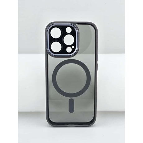 Husă MagSafe iPhone 16 gri transparent, detaliu magnet încorporat pentru încărcare wireless