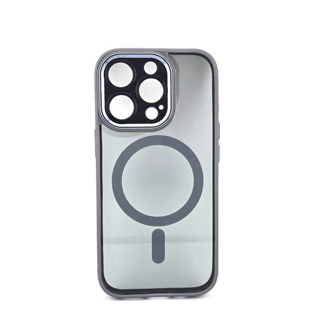Husă iPhone 16 Pro Max MagSafe din TPU/PC gri transparent, vedere frontală cu decupaje precise