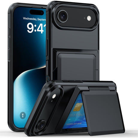 Husă neagră din policarbonat pentru Apple iPhone 17 Air, cu compartiment carduri și suprafață anti-alunecare, vedere frontală
