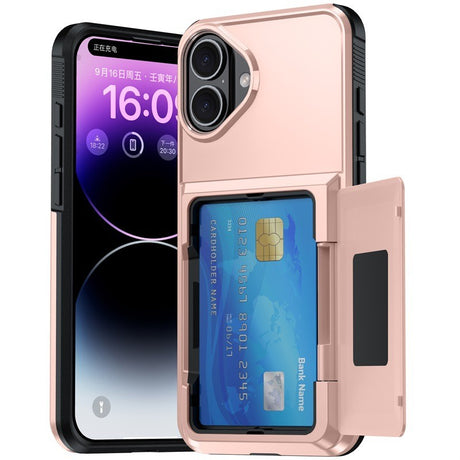 Husă iPhone 17 Rose Gold din policarbonat cu compartiment carduri, vedere frontală