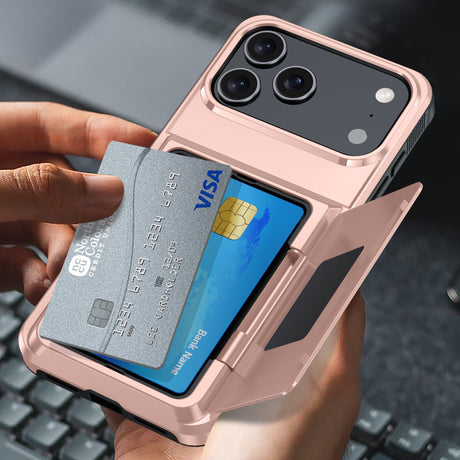Husă protecție Apple iPhone 17 Pro Rose Gold, detaliu slot carduri și suprafață anti-alunecare