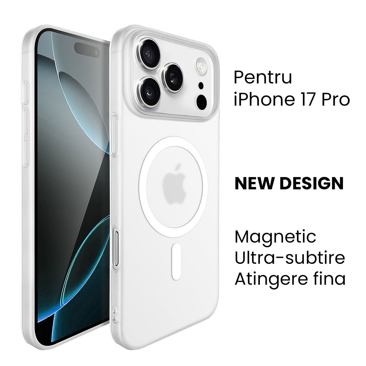 Detaliu husă iPhone 17 Pro albă compatibilă MagSafe, suprafață anti-alunecare din PC rigid